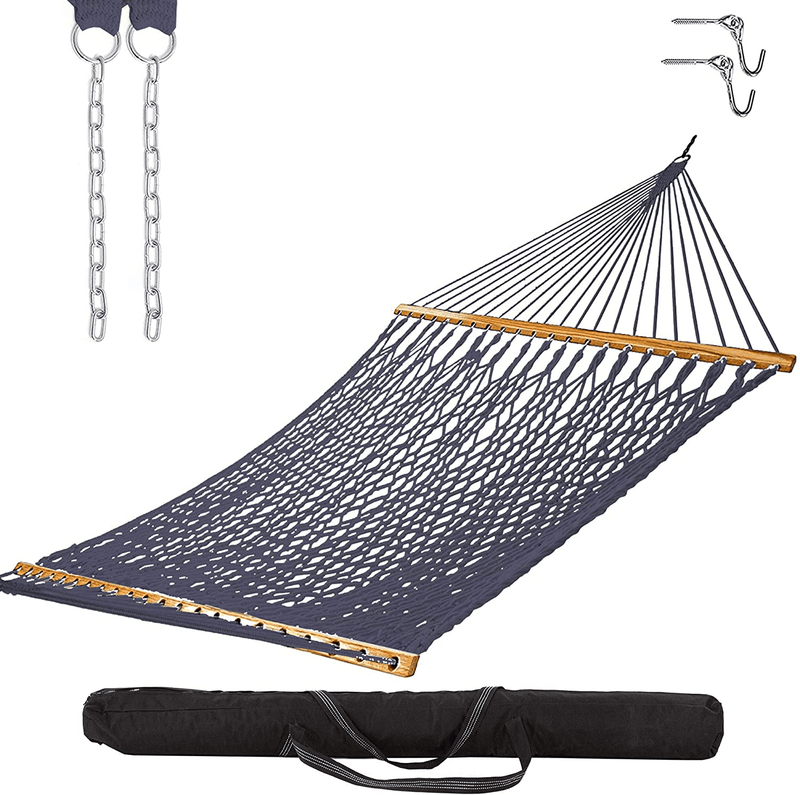 Castaway Living 13 ft. Double Traditional Hand Woven Green Polyester Rope Hammock with Free Extension Chains ,Tree Hooks & Storage Bag, for 2 People with a Weight Capacity of 450 lbs. Home & Garden > Lawn & Garden > Outdoor Living > Hammocks Castaway Hammocks Navy Polyester with Storage Bag 