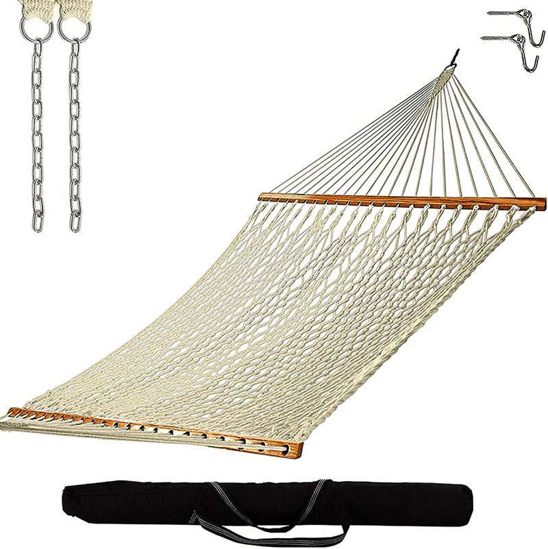 Castaway Living 13 ft. Double Traditional Hand Woven Green Polyester Rope Hammock with Free Extension Chains ,Tree Hooks & Storage Bag, for 2 People with a Weight Capacity of 450 lbs. Home & Garden > Lawn & Garden > Outdoor Living > Hammocks Castaway Hammocks Oatmeal Polyester with Storage Bag 