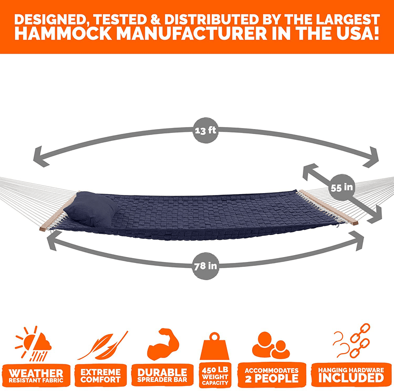 Castaway Living 13 ft. Large Navy Soft Weave Hammock with Free Pillow, Storage Bag, Extension Chains & Tree Hooks, Accommodates 2 People, 450 LB Weight Capacity, 13 ft. x 55 in.