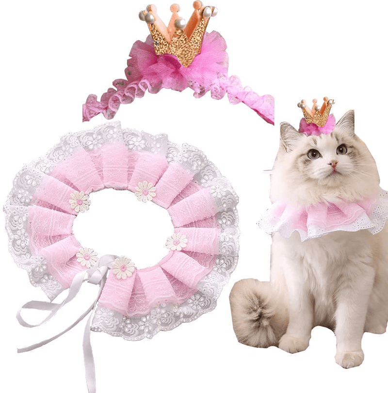 Cat Bandana for Cats, Princess Cat Costumes for Cats, Cute Lace Dog Bandanas and Cat Crown Accessories for Cats Small Dogs, Pink Outfit for Birthday Party Animals & Pet Supplies > Pet Supplies > Cat Supplies > Cat Apparel Yosbabe pink  