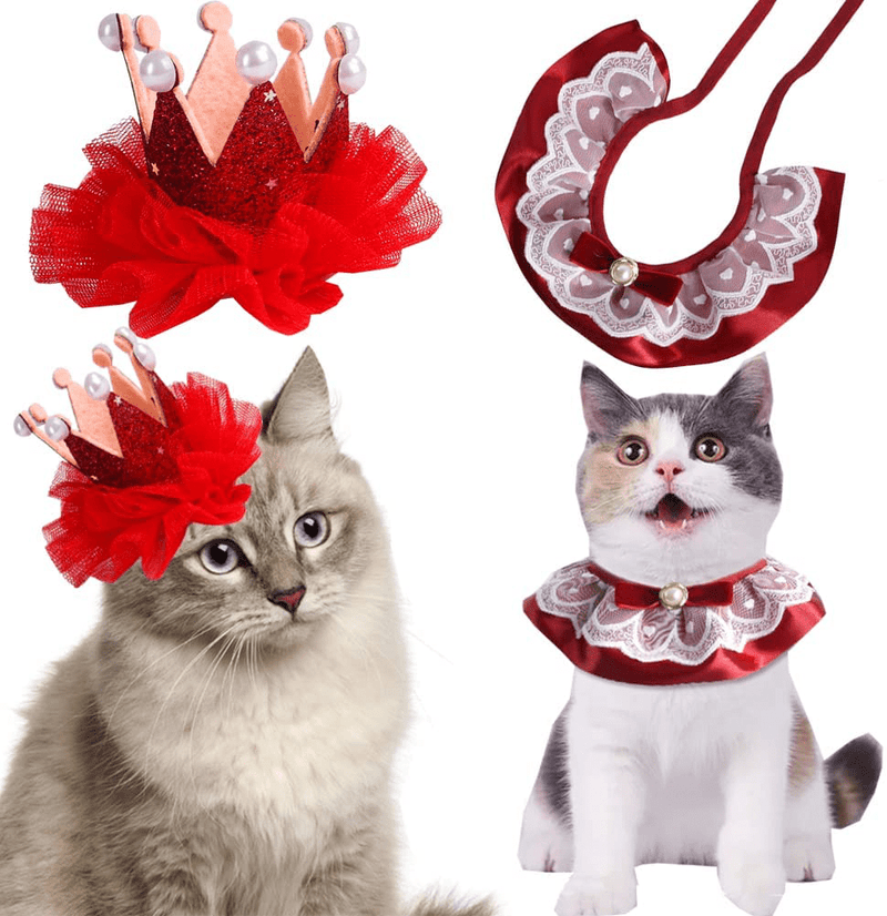 Cat Bandana for Cats, Princess Cat Costumes for Cats, Cute Lace Dog Bandanas and Cat Crown Accessories for Cats Small Dogs, Pink Outfit for Birthday Party Animals & Pet Supplies > Pet Supplies > Cat Supplies > Cat Apparel Yosbabe red  