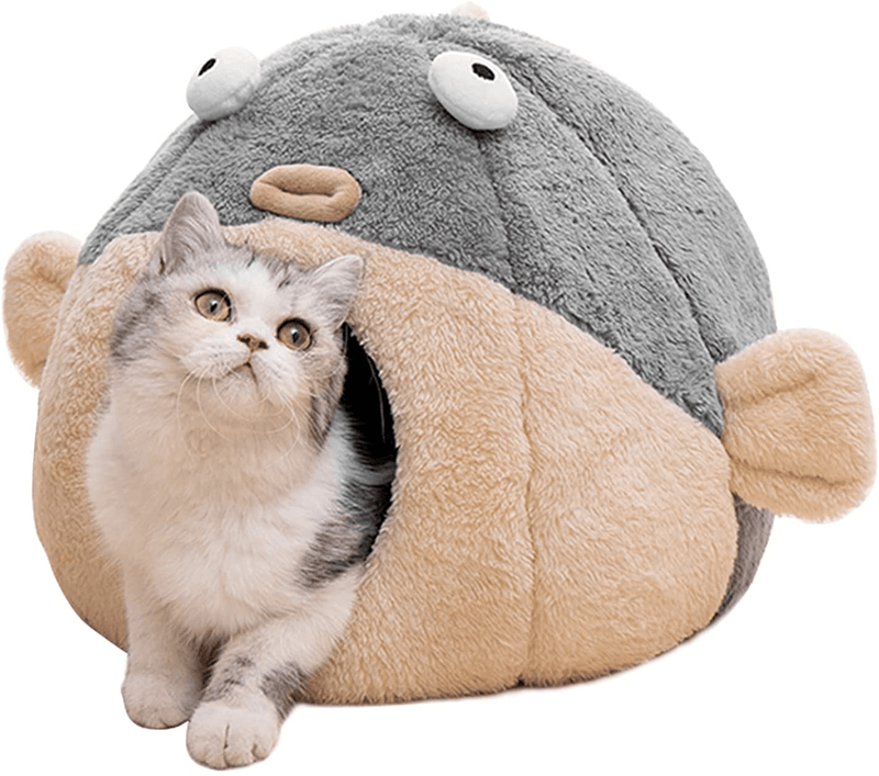 Cat Beds for Indoor Cats - Cat Bed Cave with Removable Washable Cushioned Pillow, Soft Plush Premium Cotton No Deformation Pet Bed, Lively Pufferfish Cat House Design, Grey, Multiple Sizes Animals & Pet Supplies > Pet Supplies > Cat Supplies > Cat Beds Lcybem Small  