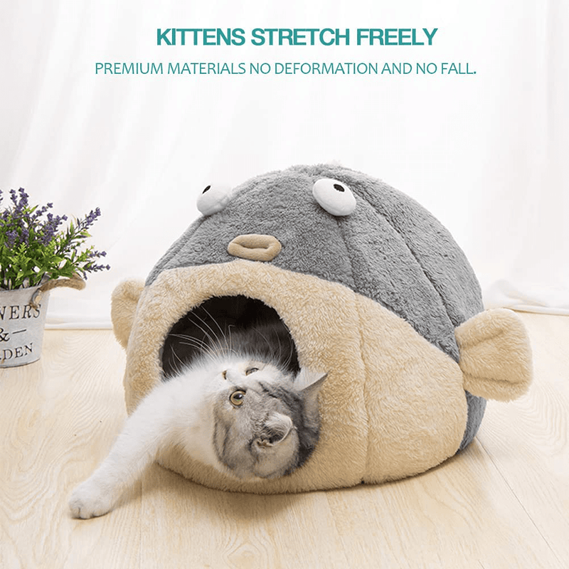 Cat Beds for Indoor Cats - Cat Bed Cave with Removable Washable Cushioned Pillow, Soft Plush Premium Cotton No Deformation Pet Bed, Lively Pufferfish Cat House Design, Grey, Multiple Sizes Animals & Pet Supplies > Pet Supplies > Cat Supplies > Cat Beds Lcybem   