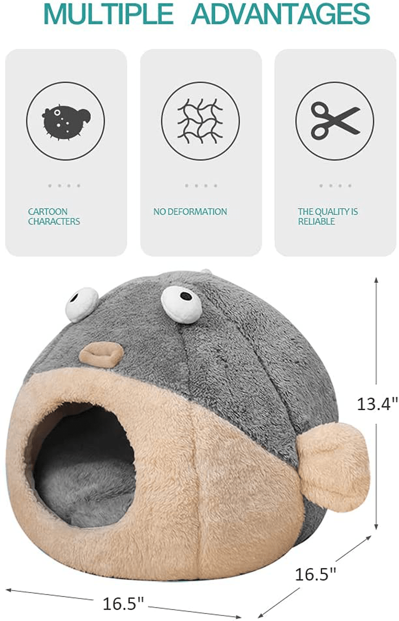 Cat Beds for Indoor Cats - Cat Bed Cave with Removable Washable Cushioned Pillow, Soft Plush Premium Cotton No Deformation Pet Bed, Lively Pufferfish Cat House Design, Grey, Multiple Sizes