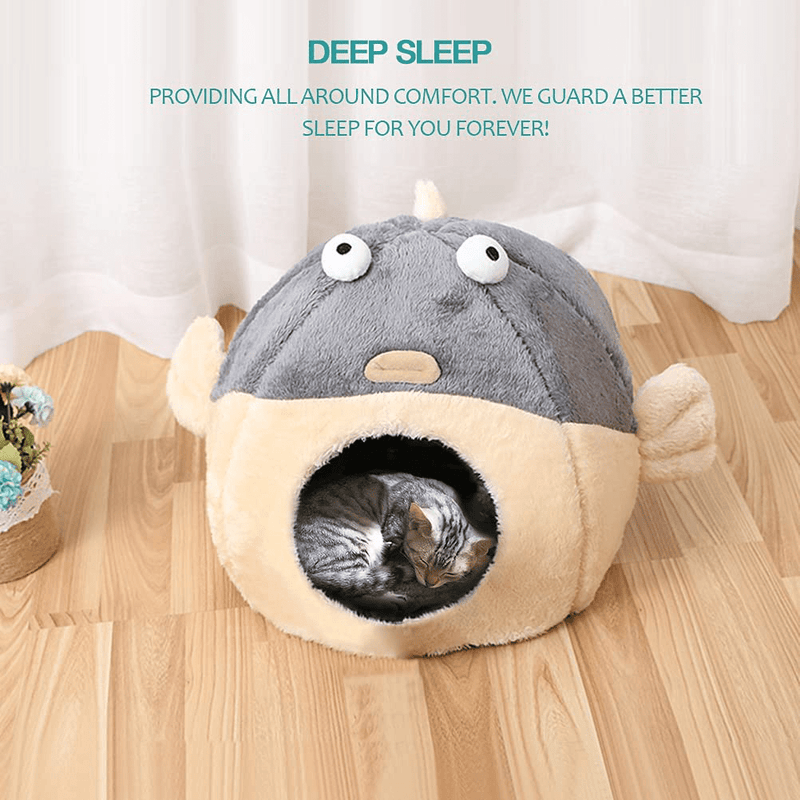 Cat Beds for Indoor Cats - Cat Bed Cave with Removable Washable Cushioned Pillow, Soft Plush Premium Cotton No Deformation Pet Bed, Lively Pufferfish Cat House Design, Grey, Multiple Sizes Animals & Pet Supplies > Pet Supplies > Cat Supplies > Cat Beds Lcybem   