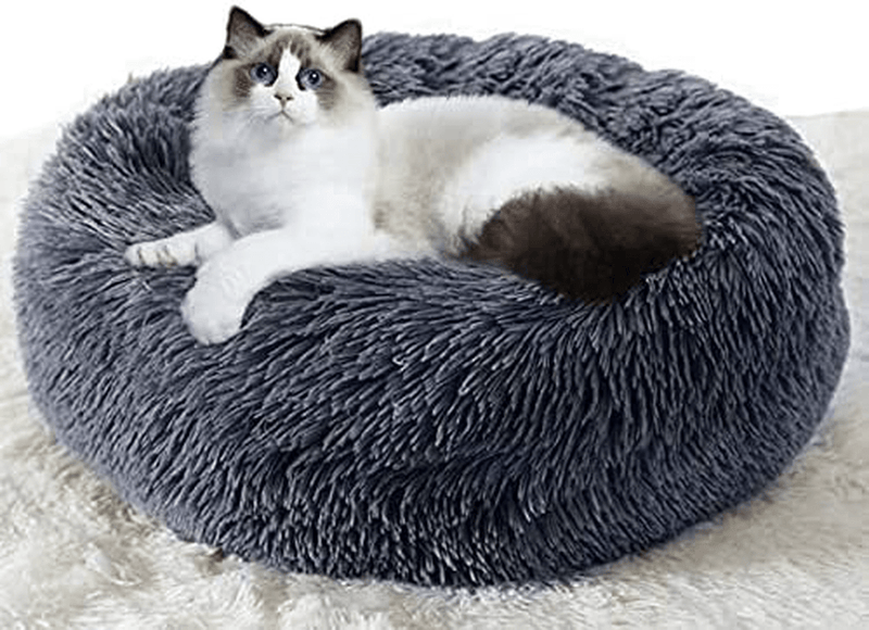 Cat Beds for Indoor Cats, round Donut Washable Cat Bed,Fluffy Calming Self Warming Soft Donut Cuddler Cushion Pet Bed for Small Dogs Kittens,Non-Slip Animals & Pet Supplies > Pet Supplies > Cat Supplies > Cat Beds Awolf Dark Grey 20 in 