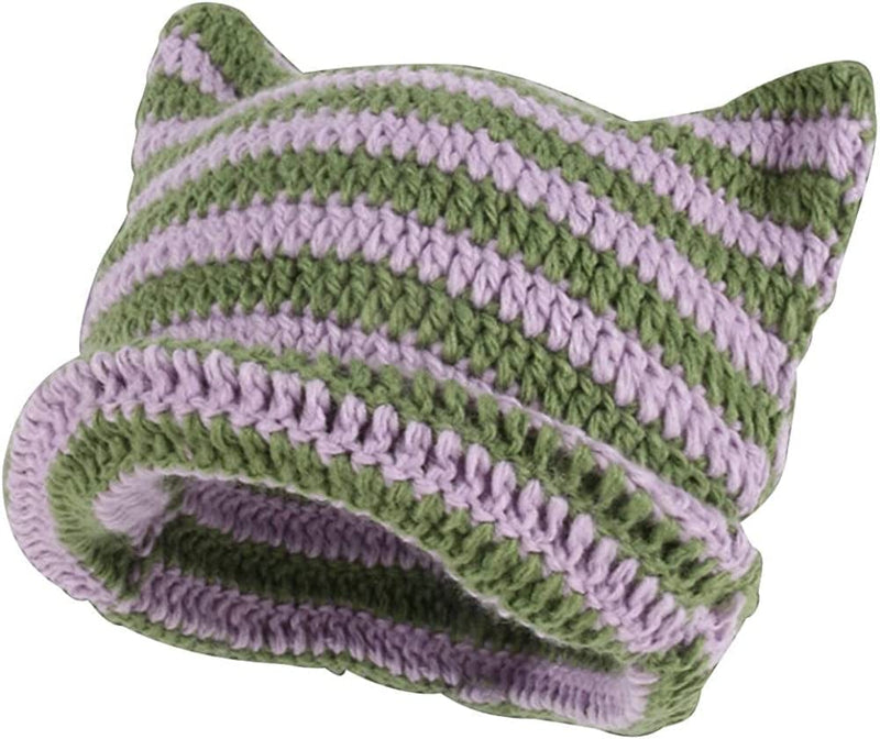 Cat Ear Beanie for Women Crochet Hats Striped Beanie Y2K Gothic Accessories Vintage Beanies Cute Knitt Beanie Hat Women Sporting Goods > Outdoor Recreation > Winter Sports & Activities FOOTIME Purple  
