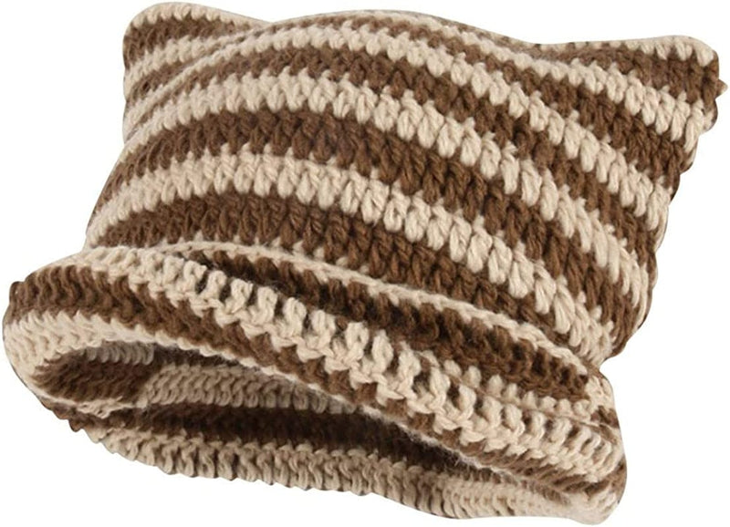 Cat Ear Beanie for Women Crochet Hats Striped Beanie Y2K Gothic Accessories Vintage Beanies Cute Knitt Beanie Hat Women Sporting Goods > Outdoor Recreation > Winter Sports & Activities FOOTIME Brown  