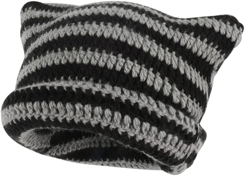 Cat Ear Beanie for Women Crochet Hats Striped Beanie Y2K Gothic Accessories Vintage Beanies Cute Knitt Beanie Hat Women