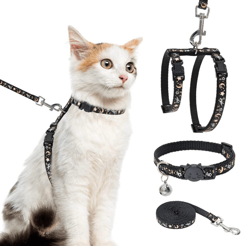 Cat Harness with Leash and Collar Set - Escape Proof Adjustable H-shped Cat Harness with Star and Moon Pattern Glow in The Dark for Kitty Outdoor Walking Animals & Pet Supplies > Pet Supplies > Cat Supplies > Cat Apparel PAWCHIE Black  
