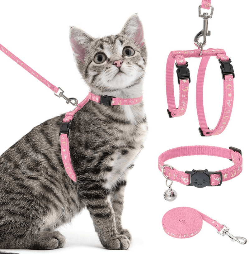 Cat Harness with Leash and Collar Set - Escape Proof Adjustable H-shped Cat Harness with Star and Moon Pattern Glow in The Dark for Kitty Outdoor Walking Animals & Pet Supplies > Pet Supplies > Cat Supplies > Cat Apparel PAWCHIE Pink  