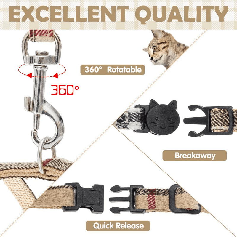 Cat Harness with Leash and Collar Set - Escape Proof Vest Harness with Breakaway Collar for Walking Outdoor Adjustable Fashionable Plaid Safety Outfit for Cats Small Dogs