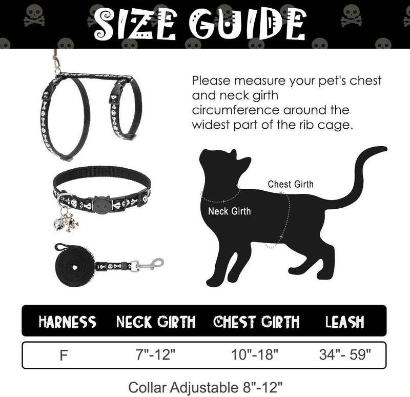 Cat Harness with Leash and Collar Set - Halloween Skull and Bone Patterns Glow in The Dark, Escape Proof Adjustable for Outdoor Walking H-shped Cat Harness with Safety Buckle