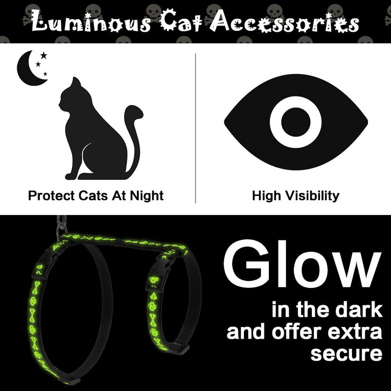 Cat Harness with Leash and Collar Set - Halloween Skull and Bone Patterns Glow in The Dark, Escape Proof Adjustable for Outdoor Walking H-shped Cat Harness with Safety Buckle