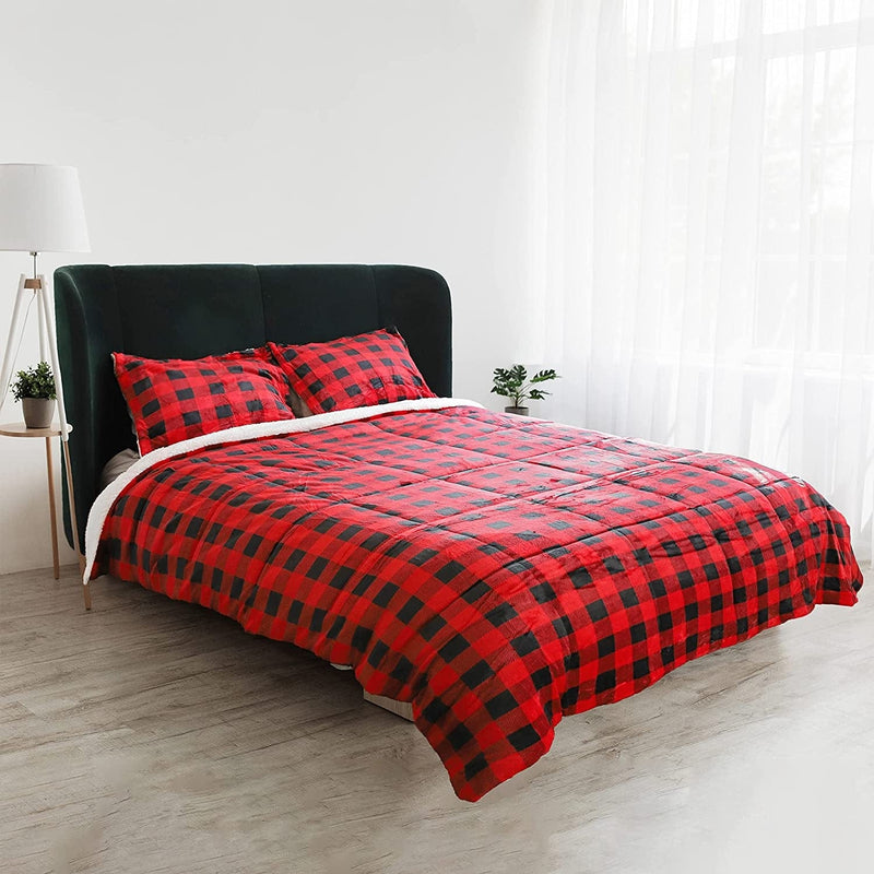 Catalonia Twin Size Sherpa Comforter Set, Ultra-Soft Reversible Fluffy Micromink Bedding Set-2 Pieces, 1 Comforter and 1 Pillow Sham Home & Garden > Linens & Bedding > Bedding > Quilts & Comforters Catalonia Plaid Red King 