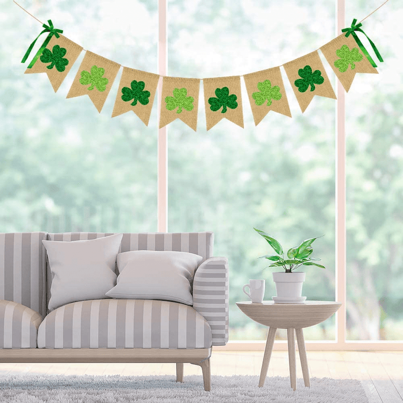 CAVLA Glittery Shamrock Burlap Banner St. Patrick'S Day Green Shamrock Clover Banner Garland with Bows Saint Patrick'S Day Party Decorations for Irish Lucky Day St. Patty’S Day Home Outdoor Decor Arts & Entertainment > Party & Celebration > Party Supplies CAVLA   