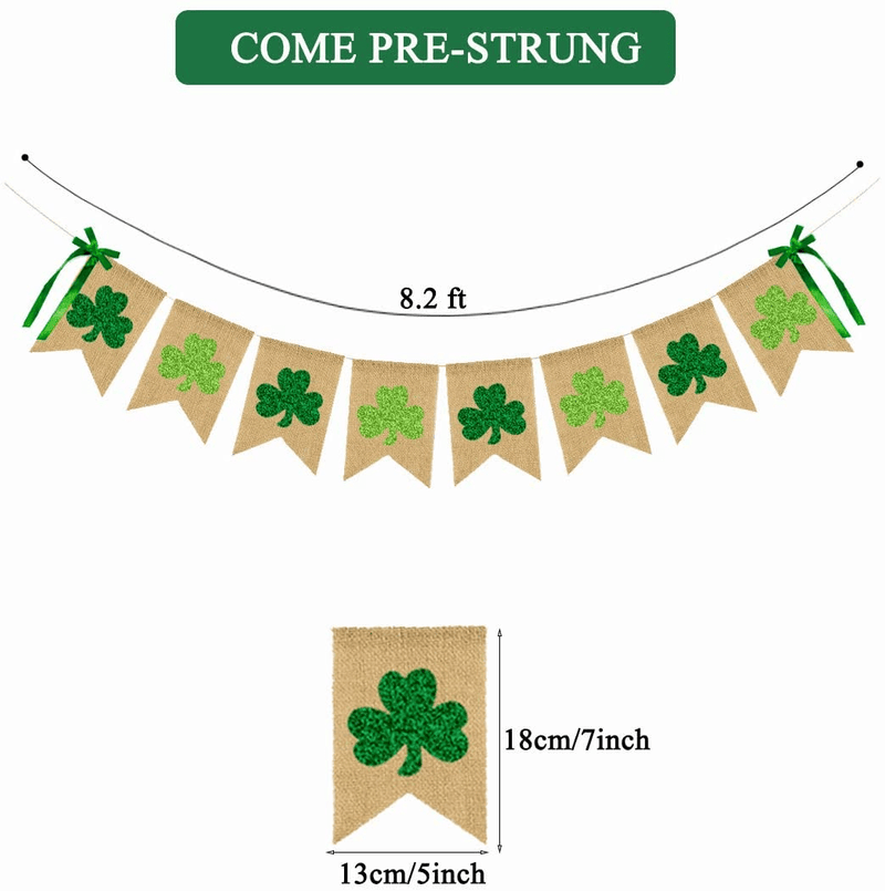 CAVLA Glittery Shamrock Burlap Banner St. Patrick'S Day Green Shamrock Clover Banner Garland with Bows Saint Patrick'S Day Party Decorations for Irish Lucky Day St. Patty’S Day Home Outdoor Decor