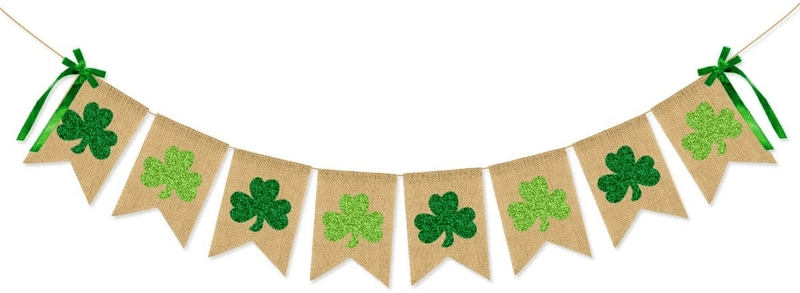CAVLA Glittery Shamrock Burlap Banner St. Patrick'S Day Green Shamrock Clover Banner Garland with Bows Saint Patrick'S Day Party Decorations for Irish Lucky Day St. Patty’S Day Home Outdoor Decor