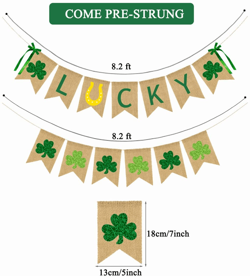 CAVLA Lucky Burlap Banner and Glitter Shamrock Banner St. Patrick'S Day Green Shamrock Lucky Banner Garland with Bows Saint Patrick'S Day Party Decorations for Irish Lucky Day St. Patty'S Day Decor Arts & Entertainment > Party & Celebration > Party Supplies CAVLA   