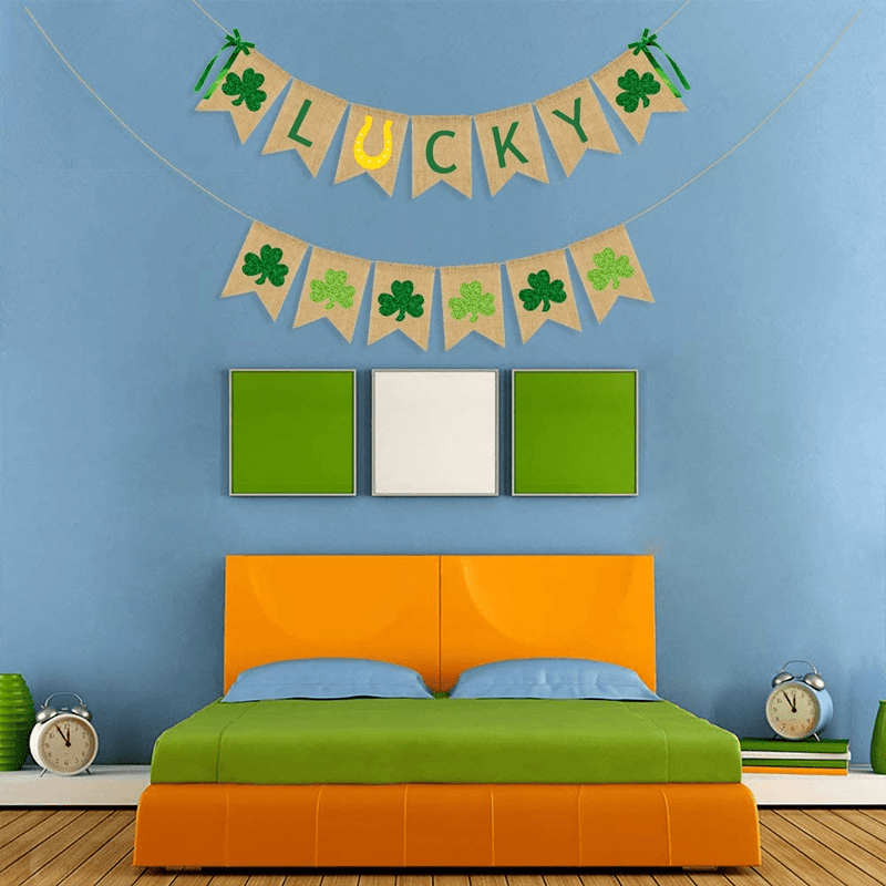 CAVLA Lucky Burlap Banner and Glitter Shamrock Banner St. Patrick'S Day Green Shamrock Lucky Banner Garland with Bows Saint Patrick'S Day Party Decorations for Irish Lucky Day St. Patty'S Day Decor Arts & Entertainment > Party & Celebration > Party Supplies CAVLA   