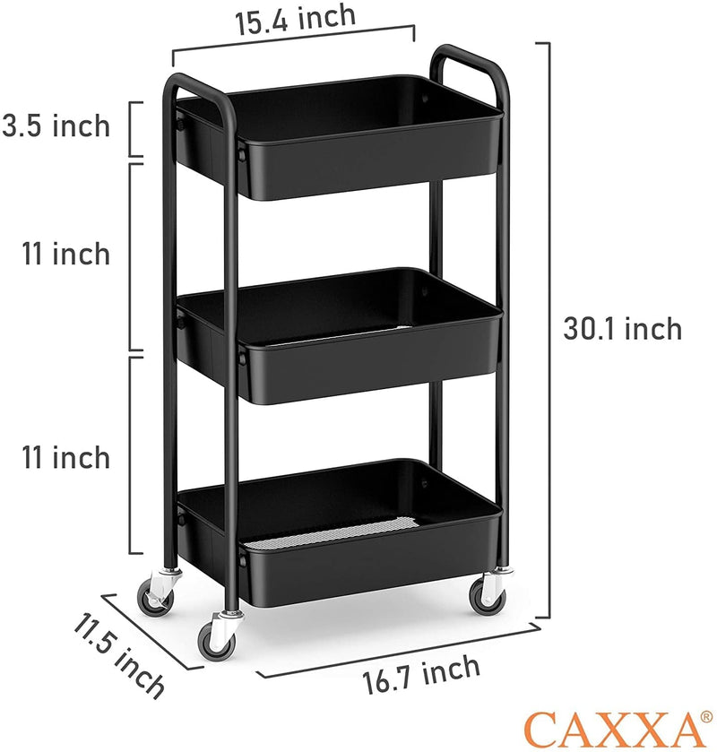 CAXXA 3-Tier Rolling Metal Storage Organizer - Mobile Utility Cart, Kitchen Cart with Caster Wheels (Black) Home & Garden > Household Supplies > Storage & Organization CAXXA   
