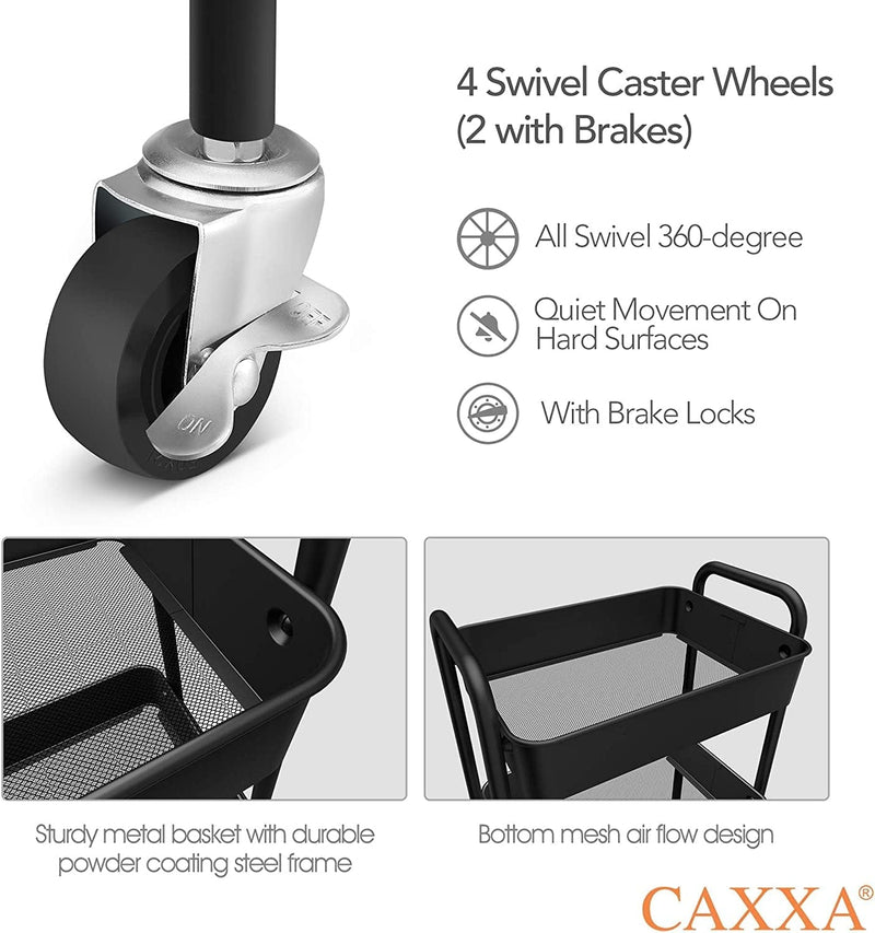 CAXXA 3-Tier Rolling Metal Storage Organizer - Mobile Utility Cart, Kitchen Cart with Caster Wheels (Black) Home & Garden > Household Supplies > Storage & Organization CAXXA   