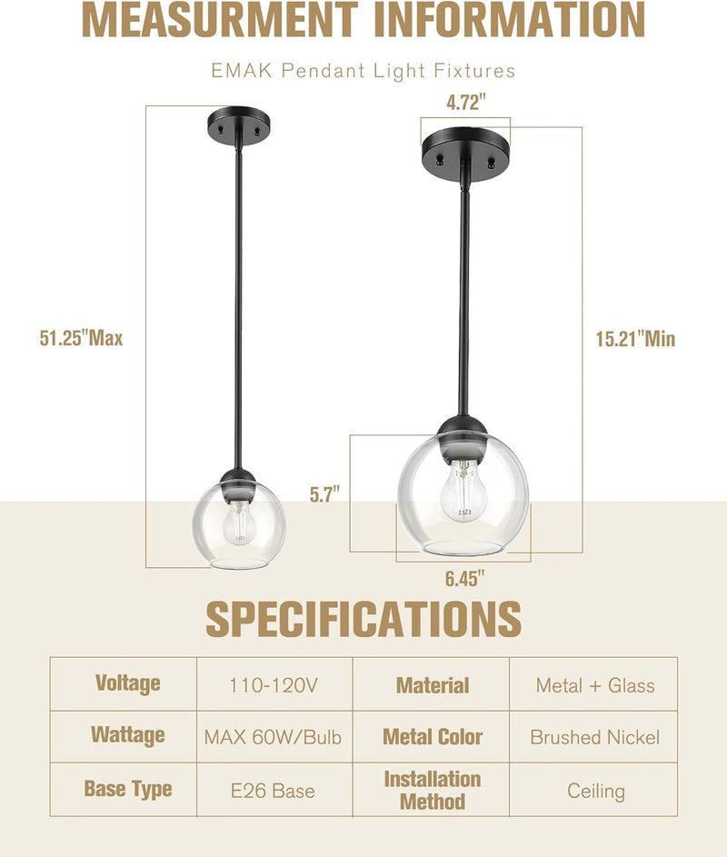 Emak 7 Inch Black Pendant Lights for Kitchen Island, Globe Pendant Light Fixture with Clear Glass Shade, 1-Light Hanging Light Fixtures for Kitchen, Bathroom, Bedroom, Hallway, PL119-BK