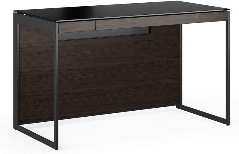 BDI Furniture Sequel 20 6103-48'' Computer Desk for Home or Office with Wire Management, Keyboard Drawer, Flip-Down Power Ledger, Satin-Etched Tempered Glass Top, Natural Walnut, Black