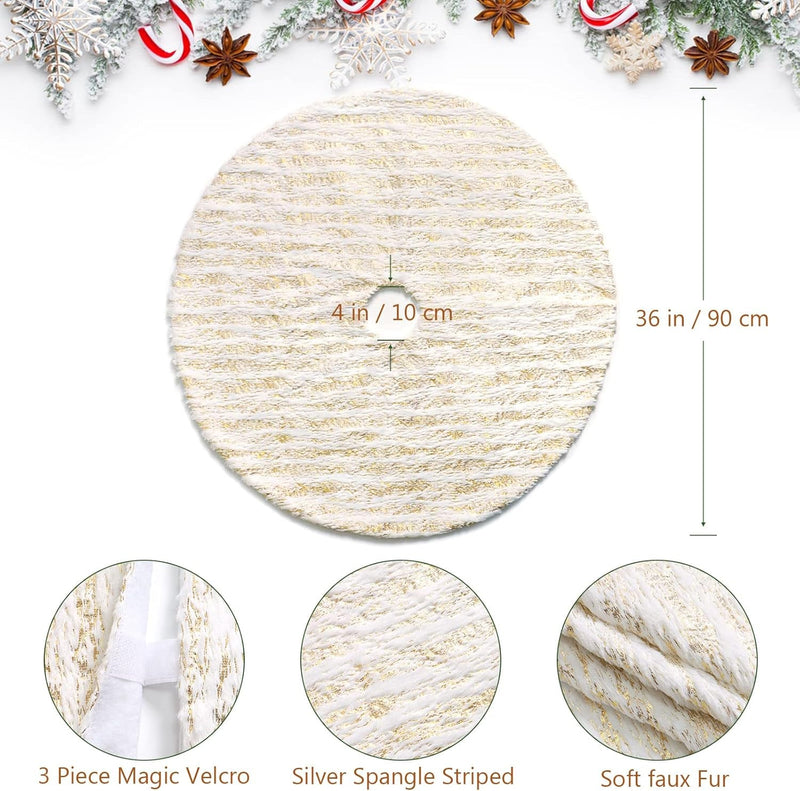 Alynsehom Christmas Tree Skirt, Large White&Gold Bronzing Luxury Faux Fur Tree Skirt Soft Thick Plush Xmas Tree Skirt for Family Holiday Christmas Party Tree Decorations(Gold,36Inch/90Cm)