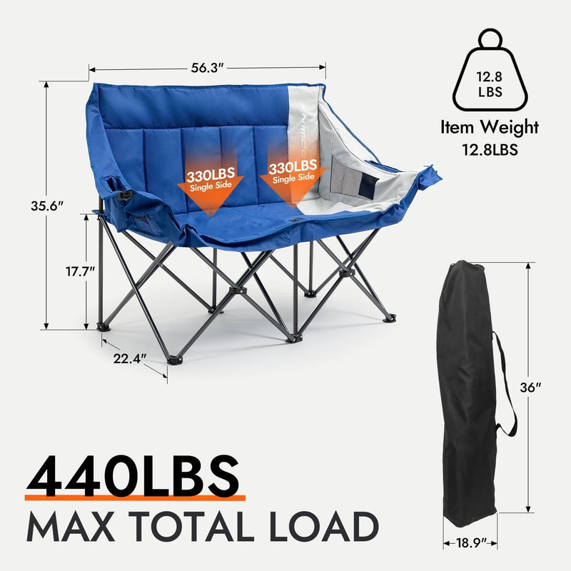 Dowinx Double Camping Chair Portable Folding Outdoor Loveseat with Side Pockets, Lawn Chair Camping Couch for Beach/Outdoor/Patio, Padded Seats & Armrests Supports up to 440Lbs, (Blue PRO)