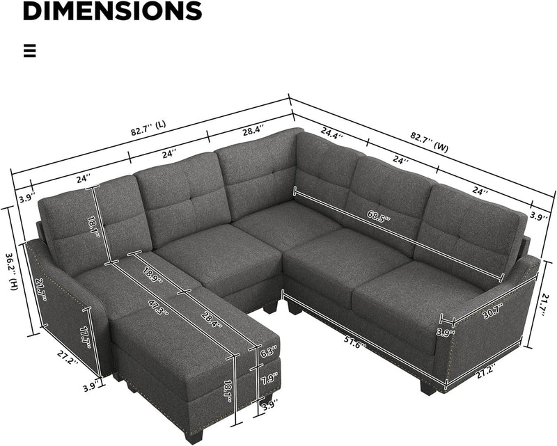 HONBAY Convertible Sectional Sofa with Storage Ottoman L Shaped Couch for Small Apartment Reversible Sectional Sofa for Living Room,Dark Grey