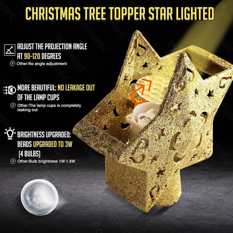 Christmas Tree Star Topper Projector - Ponwec Gold Tree Topper with LED 3D 360°Rotating Lights,6 Projection Pattern Glitter Star Projector Adjustable Xmas Tree Topper for Christmas Tree Decorations