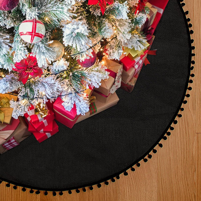 Christmas Tree Skirt, Black Christmas Tree Skirt 30 Inches Soft Double Layer Burlap Tree Skirt with Pom Pom for Rustic Christmas Halloween Decorations