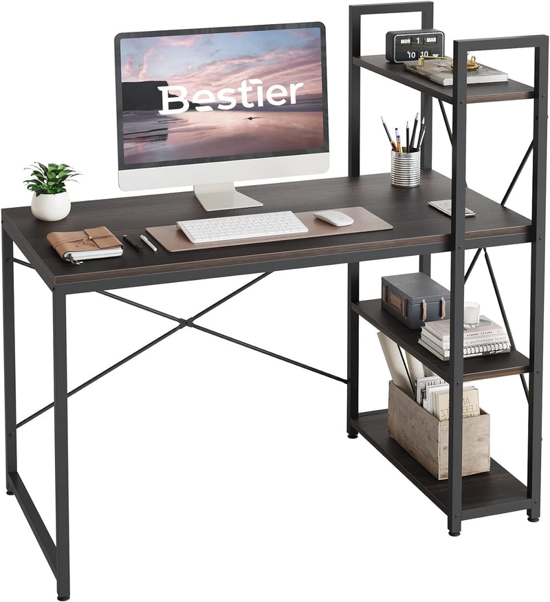 Bestier 63 Inch Computer Desk with Adjustable Shelves, Simple Writing Desk with Reversible Bookshelf and Metal Legs for Home Office and Studio, Black