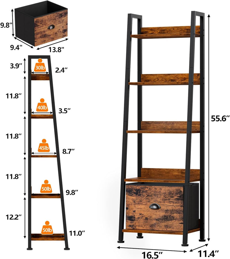 Furologee 5-Tier Ladder Shelf, Ladder Bookshelf with Removable Drawer, Rustic Bookcase Storage Rack Organizer, Wood Metal Freestanding Storage Shelf for Living Room, Home Office, Bedroom, Balcony