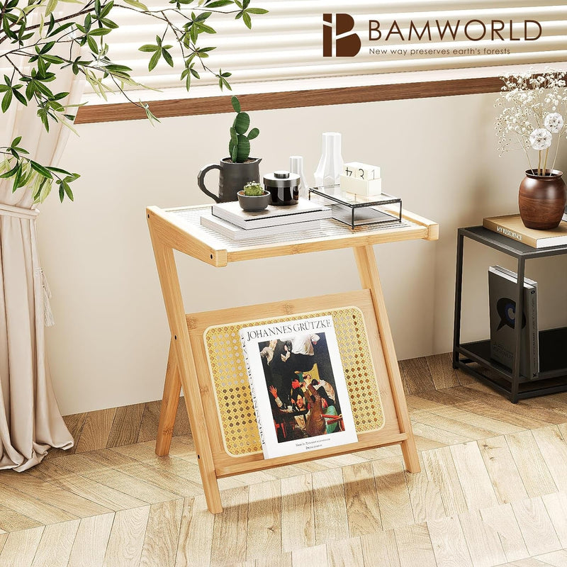 Bamworld Rattan Side Table Boho Night Stand Glass Bedside Small End Tables Bamboo Bedroom Coffee Table with Storage for Living Room and Outdoor Nature