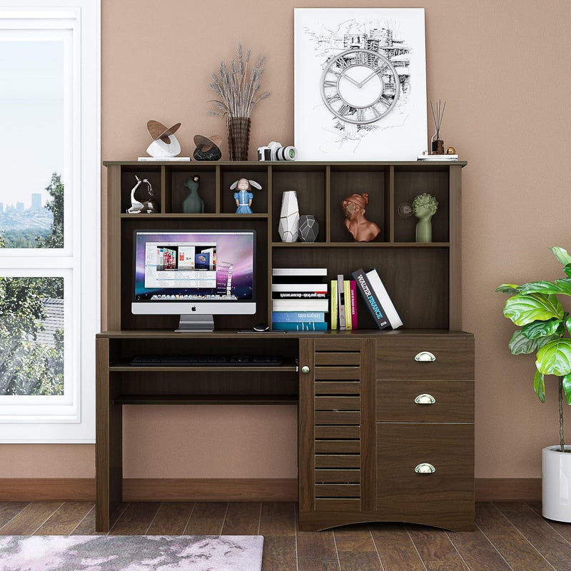 Bellemave Computer Desk with Drawers & Bookshelf, Wood Executive Desk Teens Student Desk Writing Laptop Home Office Desk with Hutch and Keyboard Tray, Walnut
