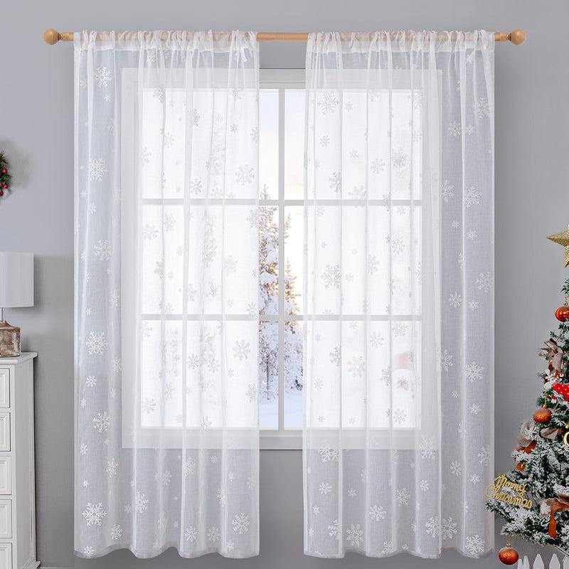 Bgment Christmas Curtains for Living Room 84 Inch Length 2 Panels Set, Snowflake Linen Look Sheer White Curtains Rod Pocket Window Curtains for Dining Room Xmas Holiday Decoration, Set of 52 X 84 Inch