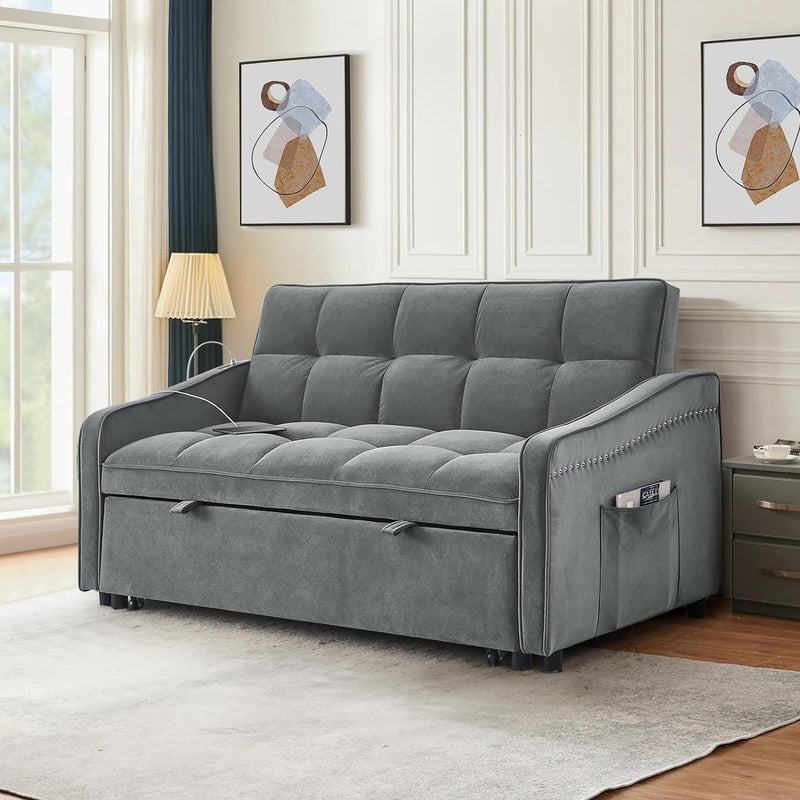 3 in 1 Sleeper Sofa Couch Bed with USB & Type C Port, 52" Small Modern Convertible Tufted Velvet Loveseat Sofa W/Pull Out Bed for Living Room Small Space Apartment, Grey