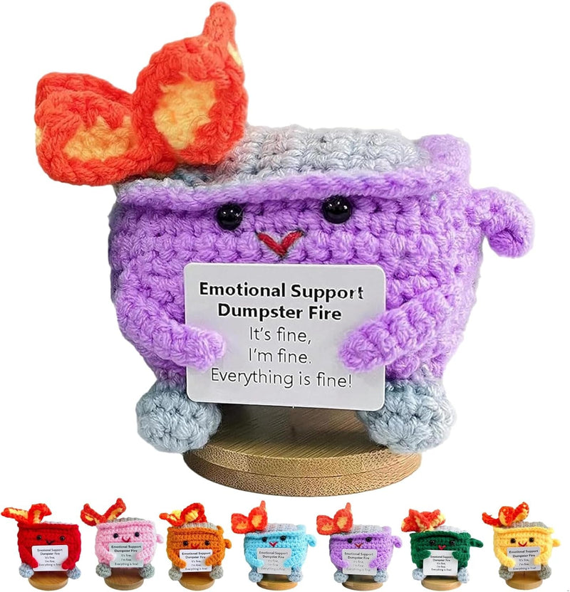 Emotional Support Dumpster- Handmade Crochet Dumpster Fire Doll, Christmas Dumpster Fire Knitting Toy Ornaments with Positive Card, Handmade Emotional Support Crochet Gift Desk Decor (Green)