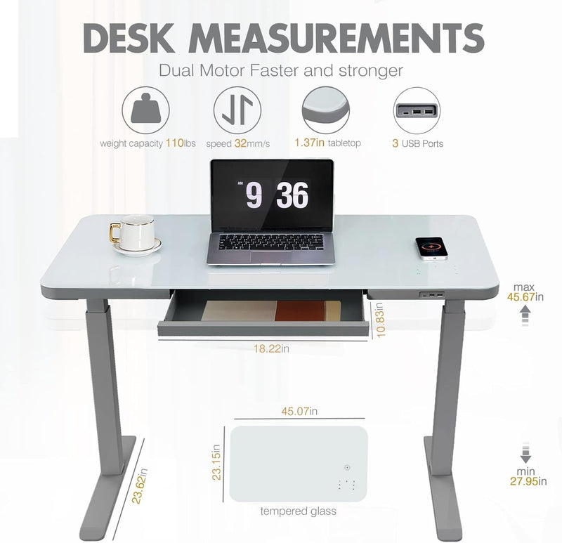 AIMEZO Glass Electric Standing Desk with Drawers Charging USB Port 45 X 23 Inch Dual Motor Electric Height Adjustable Desk Sit Stand Desk with USB Type-C/A Port, White Glass Top