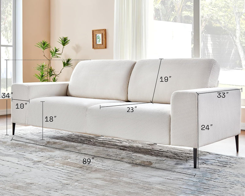 AMERLIFE Couch, 89 Inch 3 Seater Sofa Couch- Cozy Couch with Extra Deep Seats, Modern Sofa Couch for Living Room, White Corduroy