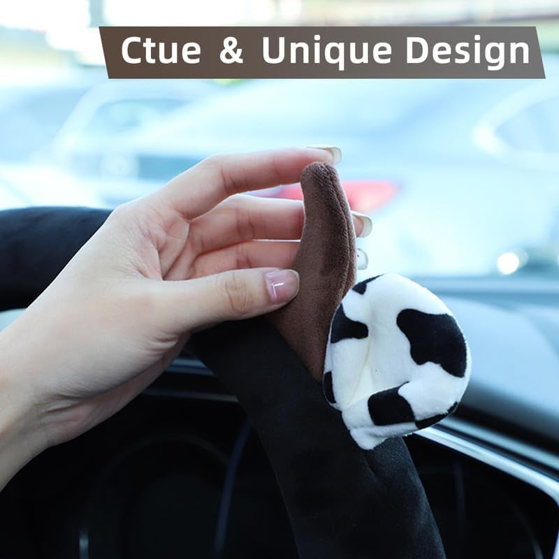 Cow Print Steering Wheel Cover, Universal 14.5 to 15 Inch anti Slip and Sweat Absorption Comfortable Auto Steering Wheel Cover, Cute Cow Car Accessories with Cow Ear Horn Design