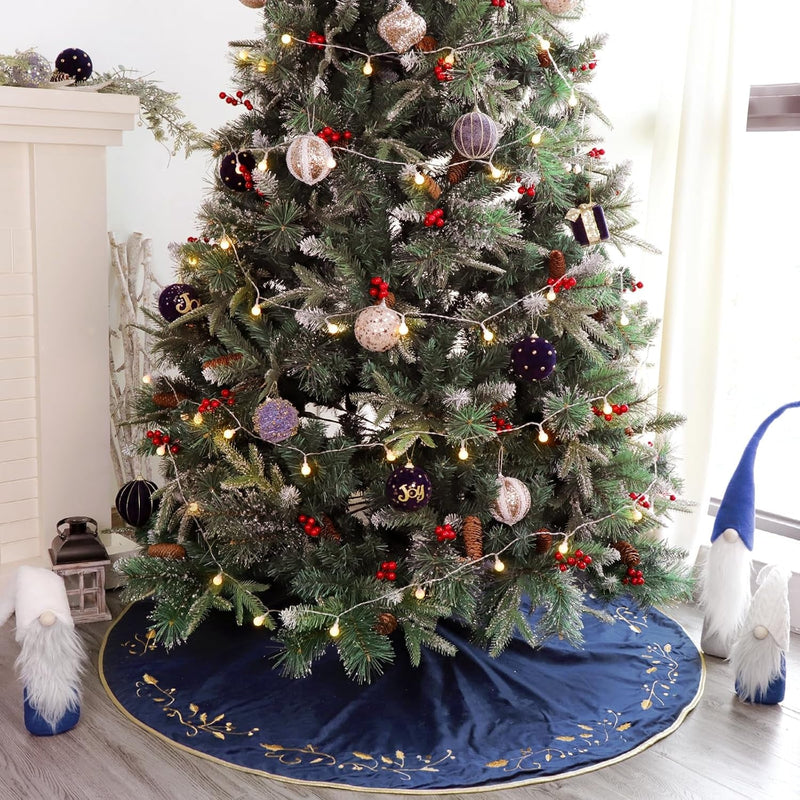 Christmas Tree Skirt, 48 Inches Large Velvet Fur Plush Blue Tree Skirt, Xmas Tree Skirts with Gold Embroidered Holly Leaf for Merry Christmas Party Christmas Tree Decorations