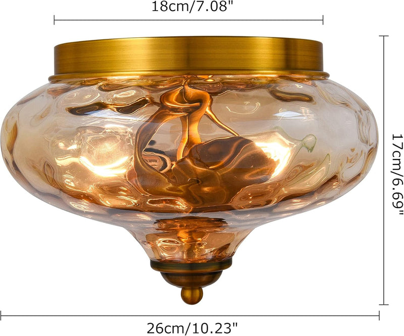 EDISLIVE Modern 2-Light Hammered Glass Flush Mount Light Pendant Ceiling Light Fixture 10.2" Indoor Ceiling Light for Hallyway Foyer Bedroom(Gold)