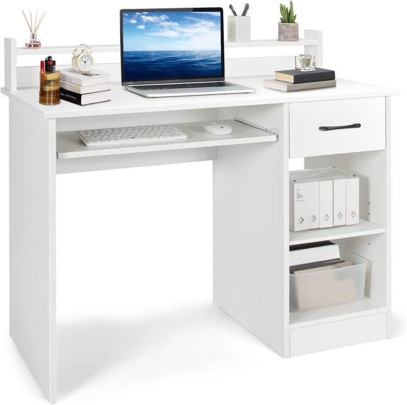 Computer Desk with Keyboard Tray and Drawer, Home Office Desk with Adjustable Shelves & Cable Hole, Modern Vanity Table for Bedroom, Teens Gaming Desk, Writing Study Workstation (White)