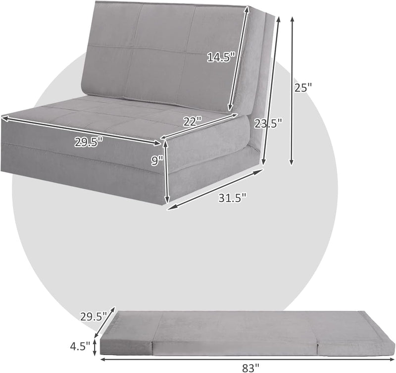 COSTWAY Convertible Flip Chair, 5-Position Adjustable Triple Fold down Sofa Bed, Steel Frame, Soft Suede Fabric, Upholstered Floor Sleeper Dorm Game Bed for Living Room, Bedroom, Guest Room (Grey)