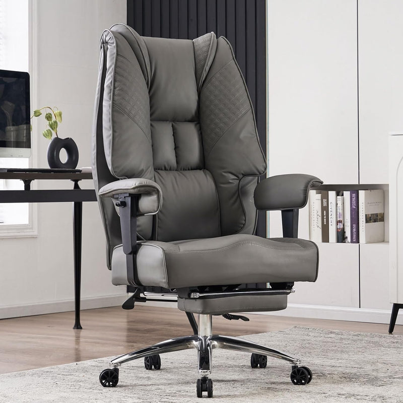 Big and Tall Office Chair 400Lbs Wide Seat, Leather High Back Executive Office Chair with Foot Rest, Ergonomic Office Chair Lumbar Support for Lower Back Pain Relief (Light Grey)