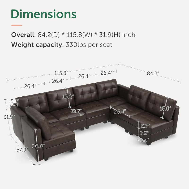 HONBAY Modular Sectional Couch with Storage Faux Leather Convertible Modular Sectional Sofa U Shaped Couch with Ottomans and Chaises Faux Leather 7-Seater Sectional Sofa for Living Room, Brown