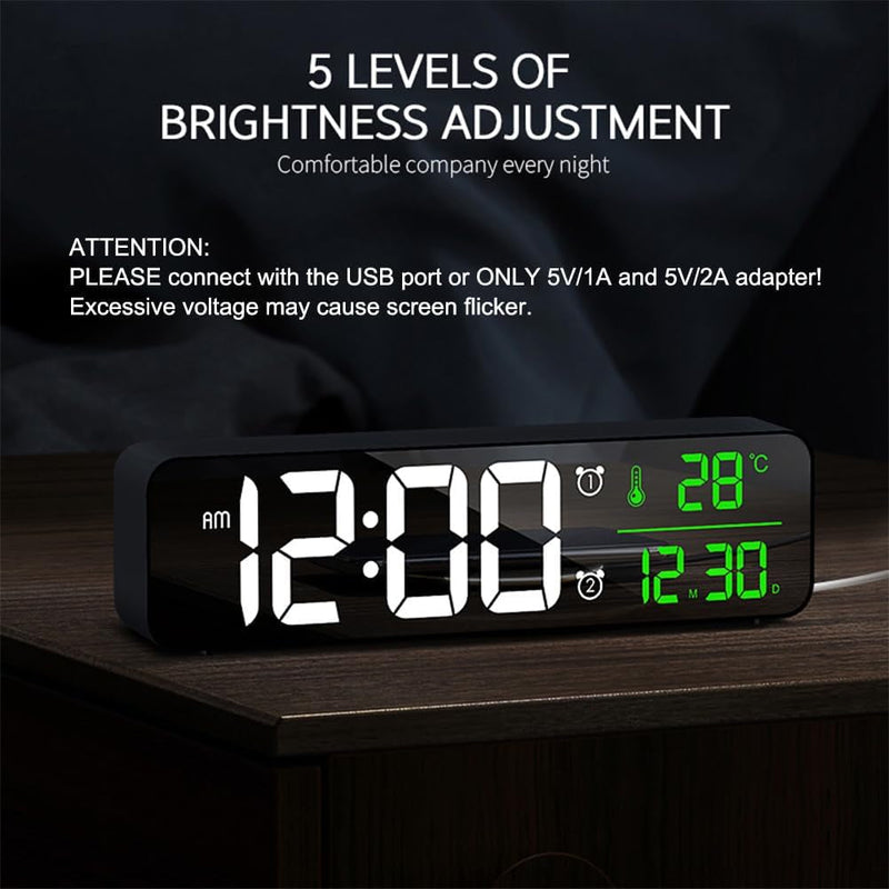 Digital Large Display Alarm Clock for Living Room Office Bedroom Decor LED Electronic Date Temp Display Wall Electric Clocks Automatic Brightness Dimmer Smart Cool Modern Desk Accessories Black